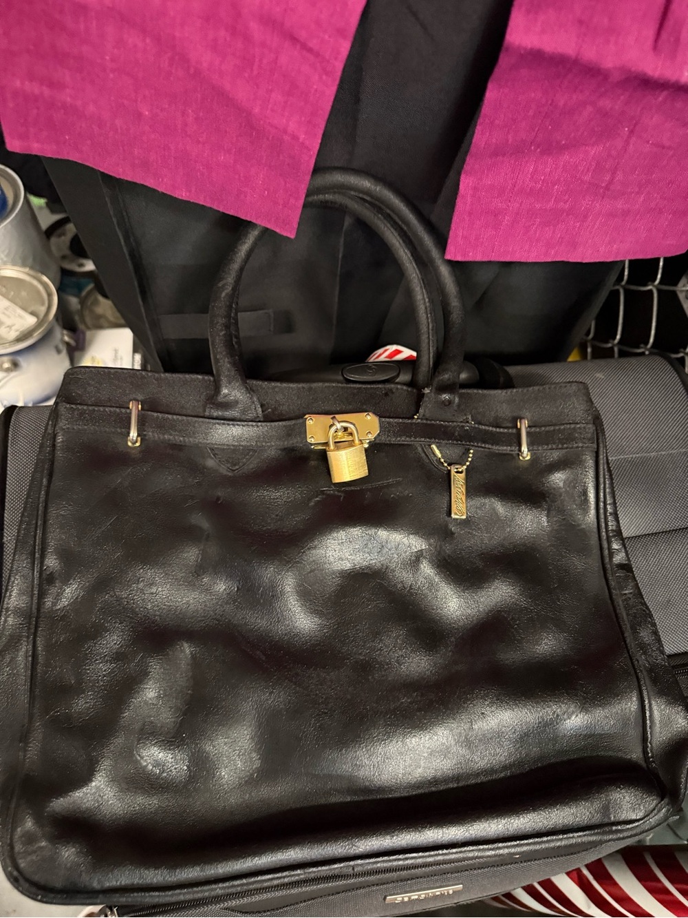 Black Leather Top-Handle Satchel with Gold Hardware